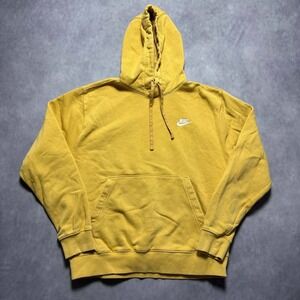Nike Mens Club Fleece Hoodie Mustard Yellow Embroidered Logo Pullover Medium